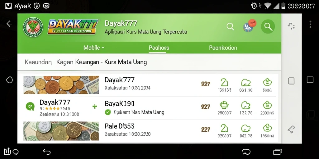 Antarmuka aplikasi DAYAK777 menampilkan informasi kurs mata uang yang jelas.